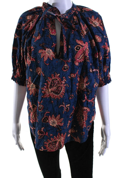 A.L.C. Womens Cotton Paisley Print Tie Neck Half Sleeve Blouse Blue Size 14