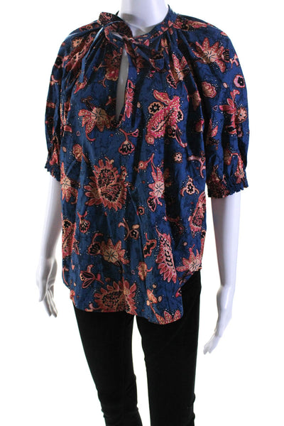 A.L.C. Womens Cotton Paisley Print Tie Neck Half Sleeve Blouse Blue Size 14