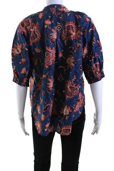 A.L.C. Womens Cotton Paisley Print Tie Neck Half Sleeve Blouse Blue Size 14