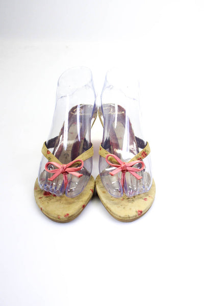 Delman Womens Floral Satin Trim Kitten Wedge Thong Sandals Beige Size 7