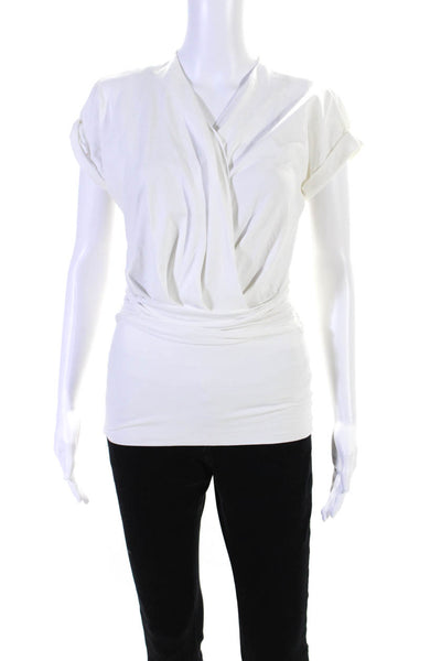 Prada Womens Cotton Short Sleeve V Neck Gathered Blouse White Size M