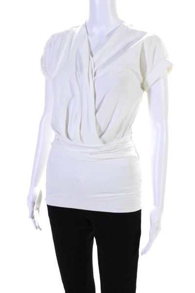 Prada Womens Cotton Short Sleeve V Neck Gathered Blouse White Size M