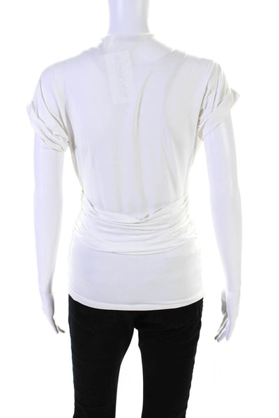 Prada Womens Cotton Short Sleeve V Neck Gathered Blouse White Size M