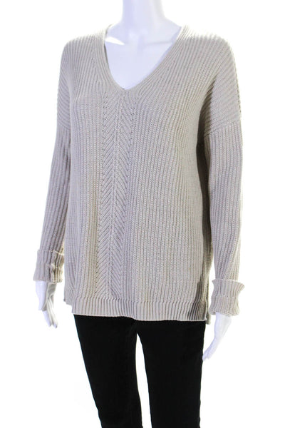 Vince Womens Cotton Long Sleeve V Neck Ribbed Sweater Beige Size XS