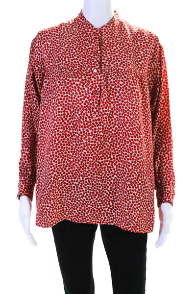 Saint Laurent Womens Long Sleeve Mandarin Collar Polka Dot Blouse Red Size 38