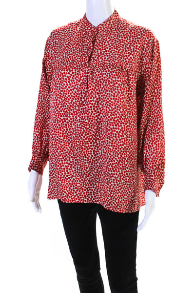 Saint Laurent Womens Long Sleeve Mandarin Collar Polka Dot Blouse Red Size 38