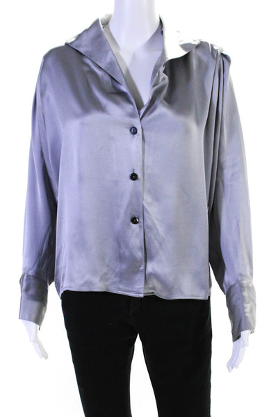 Chloe Womens Satin V Neck Long Sleeve Button Down Blouse Gray Size M