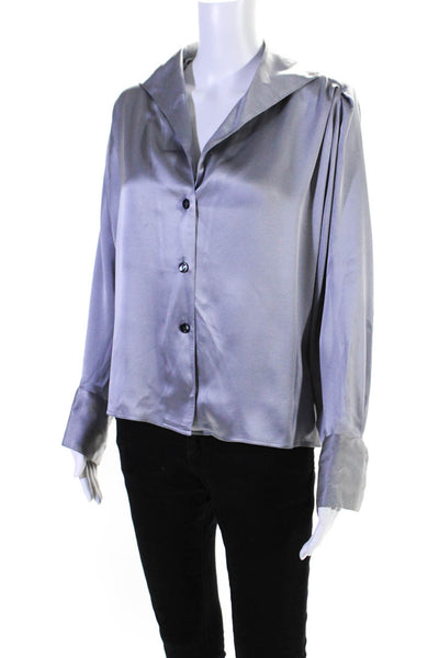 Chloe Womens Satin V Neck Long Sleeve Button Down Blouse Gray Size M