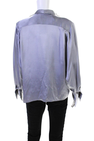 Chloe Womens Satin V Neck Long Sleeve Button Down Blouse Gray Size M