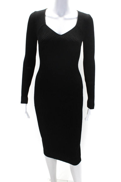 Tom Ford Womens Long Sleeve V Neck Ribbed Knit Midi Dress Black Size XS