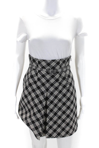 Christian Dior Womens Side Zip Belted Plaid A Line Skirt Black White Wool Size 2