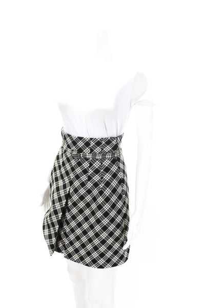 Christian Dior Womens Side Zip Belted Plaid A Line Skirt Black White Wool Size 2