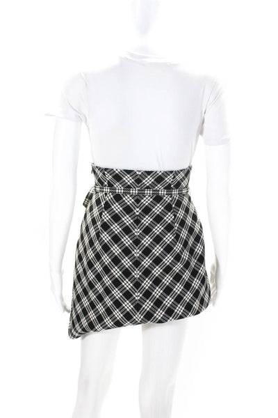 Christian Dior Womens Side Zip Belted Plaid A Line Skirt Black White Wool Size 2