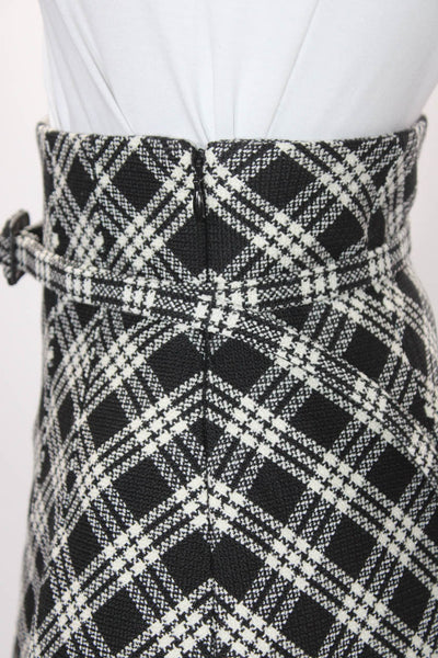 Christian Dior Womens Side Zip Belted Plaid A Line Skirt Black White Wool Size 2