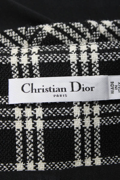 Christian Dior Womens Side Zip Belted Plaid A Line Skirt Black White Wool Size 2