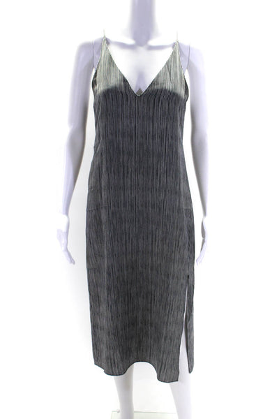 Theory Women's V-Neck Spaghetti Straps Slit Hem Midi Silk Dress Stripe Size 2