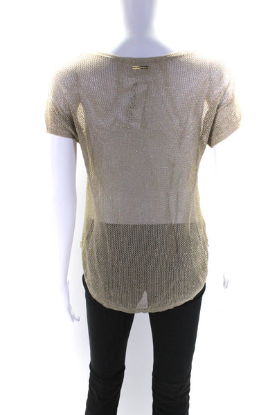 Michael Kors Womens Glitter Print Textured Mesh Short Sleeve Blouse Gold Size M