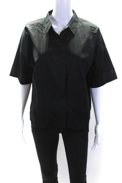 Eileen Fisher Womens Cotton Short Sleeve Collared Button Down Shirt Black Size S