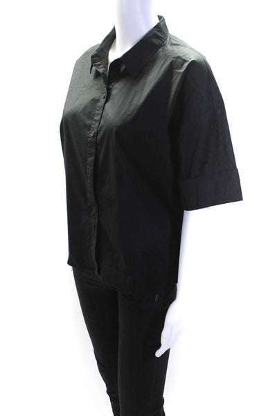 Eileen Fisher Womens Cotton Short Sleeve Collared Button Down Shirt Black Size S