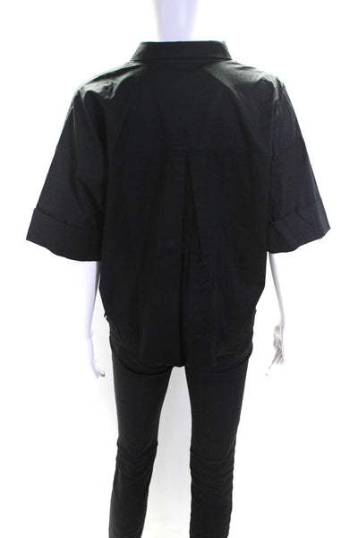 Eileen Fisher Womens Cotton Short Sleeve Collared Button Down Shirt Black Size S