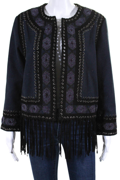 Haute Hippie Womens Woven Suede Trim Beaded Fringe Jacket Navy Size Large