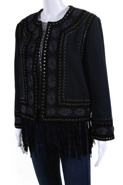 Haute Hippie Womens Woven Suede Trim Beaded Fringe Jacket Navy Size Large