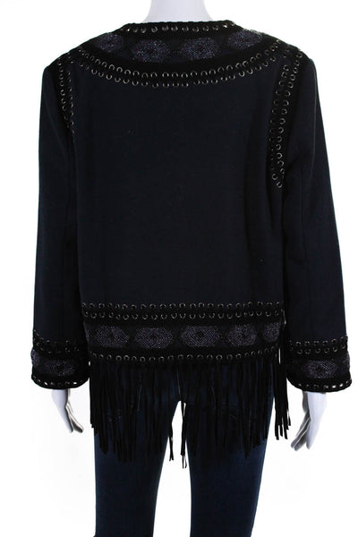 Haute Hippie Womens Woven Suede Trim Beaded Fringe Jacket Navy Size Large