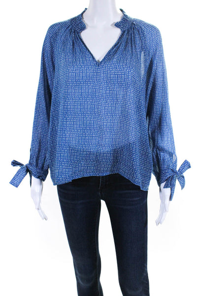 MABE Womens Long Sleeve Voile Polka Dot Y Neck Top Blouse Blue Size Large