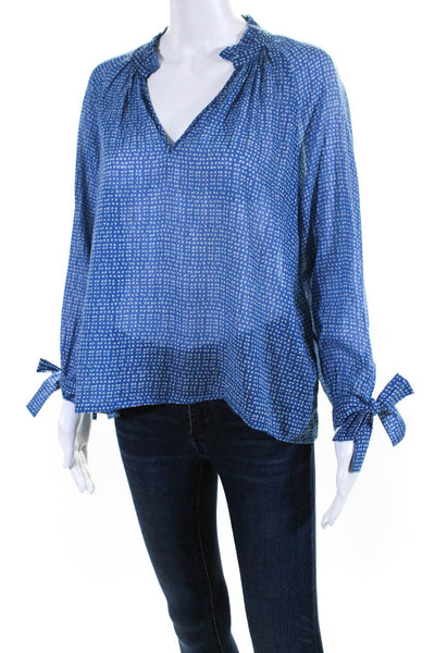 MABE Womens Long Sleeve Voile Polka Dot Y Neck Top Blouse Blue Size Large