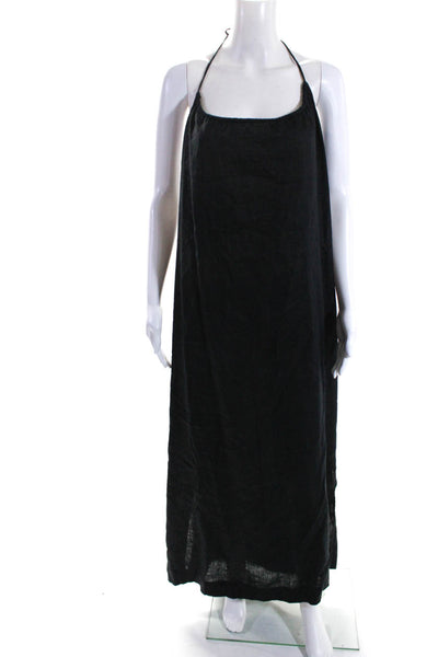 J Crew Womens Open Back Halter Sleeveless Midi Shift Dress Black Linen Large