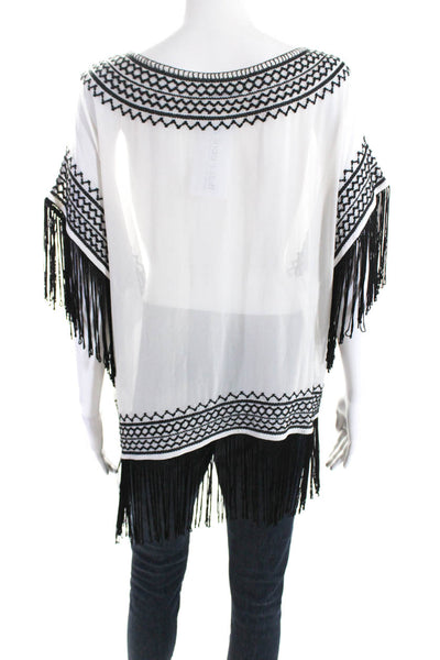 Alice + Olivia Womens Embroidered Dolman Sleeve Fringe Top Blouse White Medium