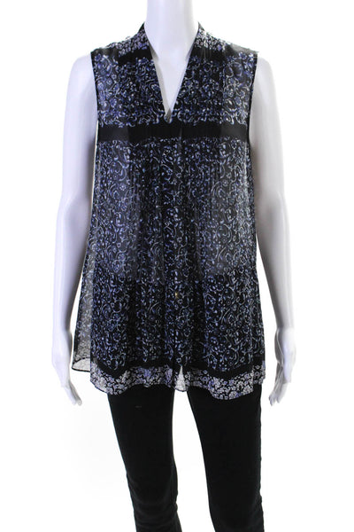 Elie Tahari Womens Silk Floral Print Buttoned Sleeveless Blouse Blue Size S