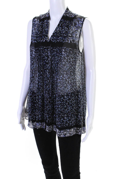 Elie Tahari Womens Silk Floral Print Buttoned Sleeveless Blouse Blue Size S