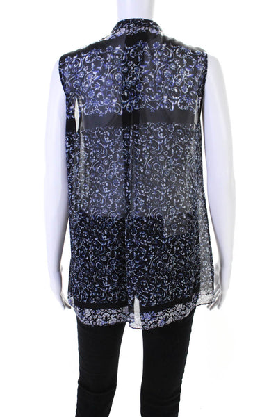 Elie Tahari Womens Silk Floral Print Buttoned Sleeveless Blouse Blue Size S