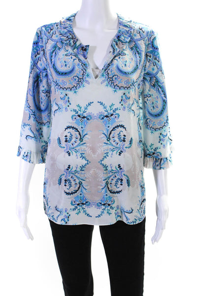 Kobi Halperin Womens Silk Floral V-Neck Bell Long Sleeve Blouse Blue Size M