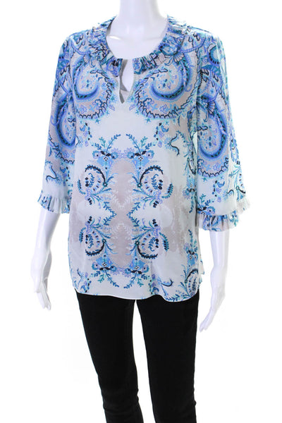 Kobi Halperin Womens Silk Floral V-Neck Bell Long Sleeve Blouse Blue Size M