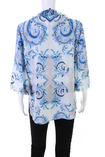 Kobi Halperin Womens Silk Floral V-Neck Bell Long Sleeve Blouse Blue Size M