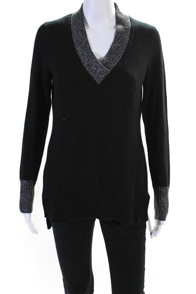 Cullen Womens Cashmere Long Sleeves V Neck Sweater Black Grey Size Small