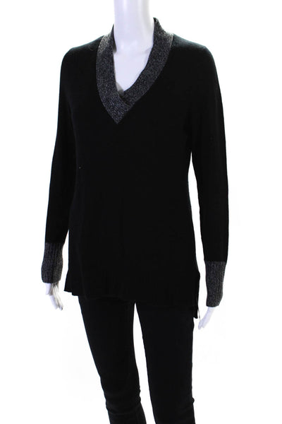 Cullen Womens Cashmere Long Sleeves V Neck Sweater Black Grey Size Small