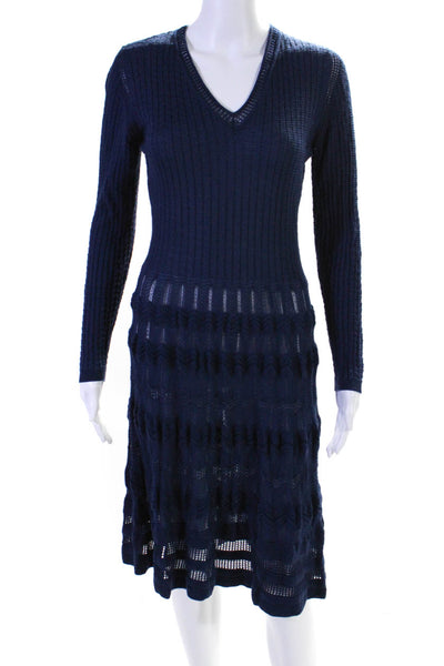 M Missoni Womens Long Sleeves A Line Sweater Dress Navy Blue Wool Size EUR 46