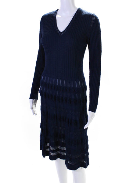 M Missoni Womens Long Sleeves A Line Sweater Dress Navy Blue Wool Size EUR 46