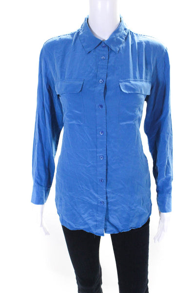 Equipment Femme Women's Long Sleeves Pockets Button Down Shirt Blue Size M