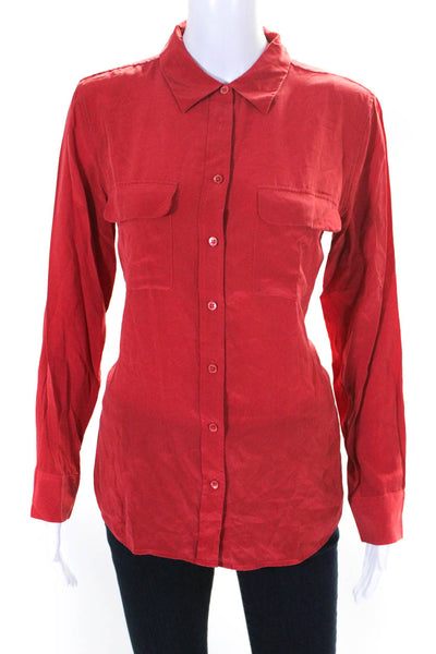 Equipment Femme Collared Long Sleeves Button Down Silk Shirt Red Size M