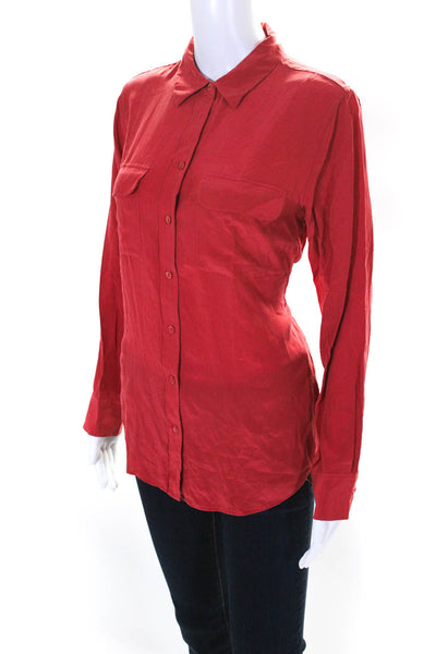 Equipment Femme Collared Long Sleeves Button Down Silk Shirt Red Size M