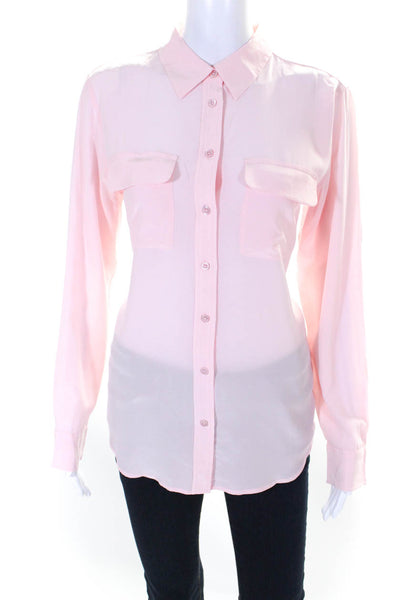 Equipment Femme Women's Silk Long Sleeves Button Down Pockets Shirt Pink Size M