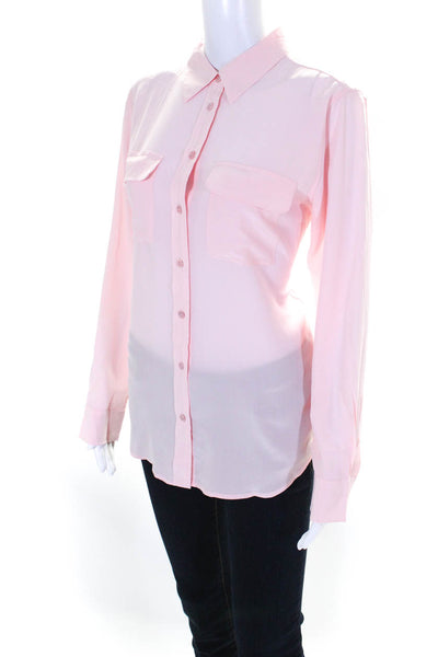 Equipment Femme Women's Silk Long Sleeves Button Down Pockets Shirt Pink Size M