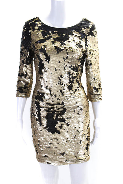 The Room Womens Back Zip 3/4 Sleeve Sequin Mini Dress Gold Brown Size Small