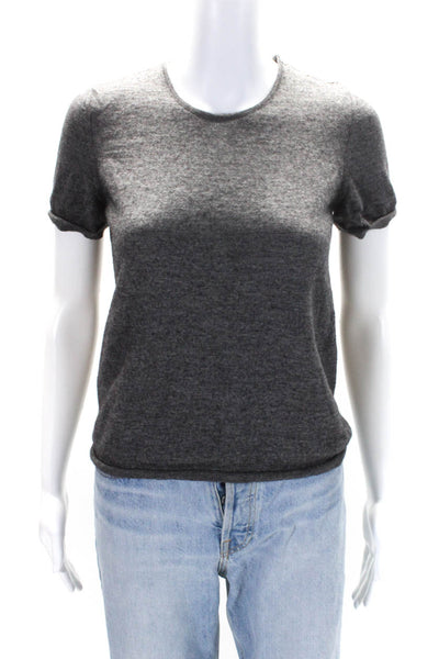 Oscar de la Renta Womens Wool Tight Knit Short Sleeve Crewneck Top Gray Size M