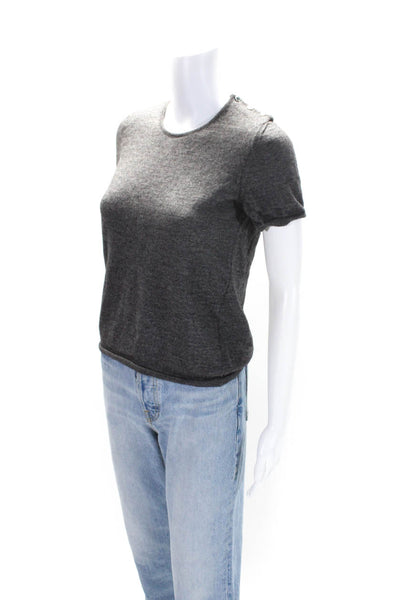 Oscar de la Renta Womens Wool Tight Knit Short Sleeve Crewneck Top Gray Size M