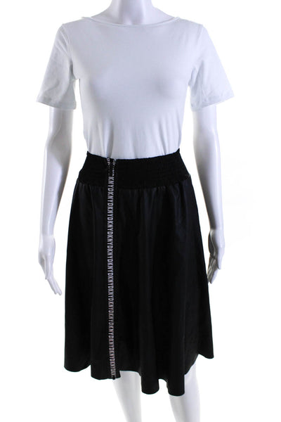 DKNY Womens Faux Leather Graphic Striped Smocked Zip A-Line Skirt Black Size S